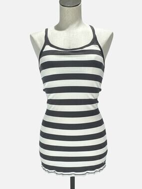 Vintage Y2K American Eagle Striped Tank Top L Gray White Ribbed 2000s Cami